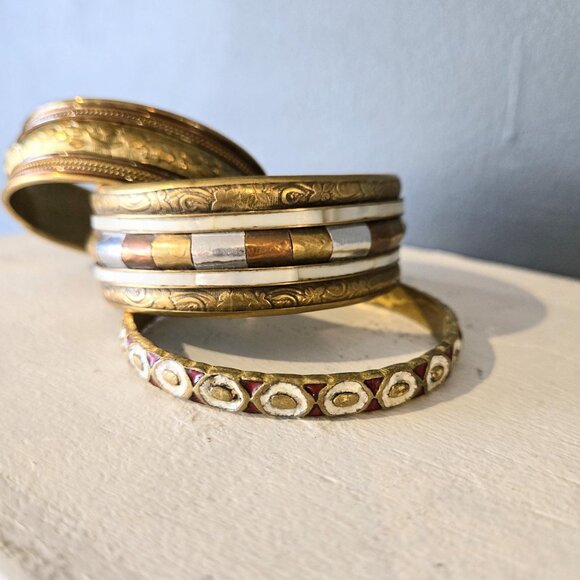Mixed Metal Chunky Bangle Stack Mother of Pearl Enamel Copper Brass Steel Boho - Picture 5 of 9